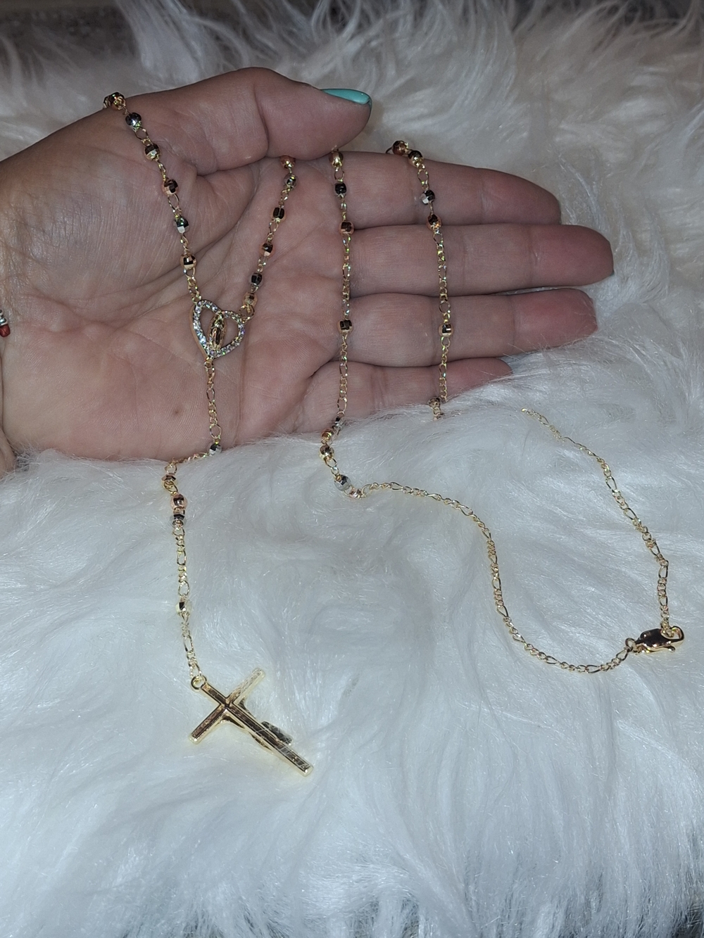 Gold-Tone Cross Rosary Necklace for Women - Elegant Religious Jewelry
